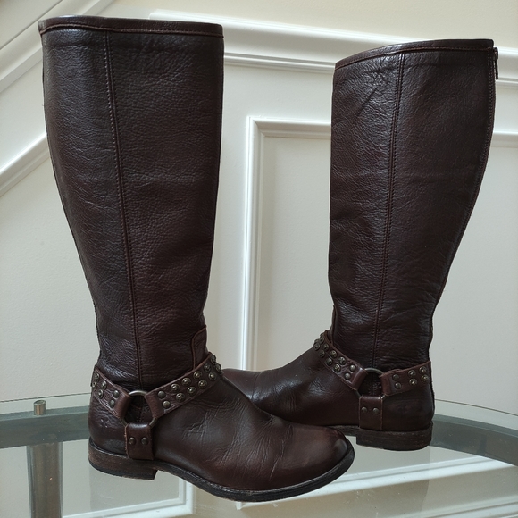 FRYE Phillip Studded Brown Leather Harness Tall Leather Boots women's 9B - Picture 3 of 16